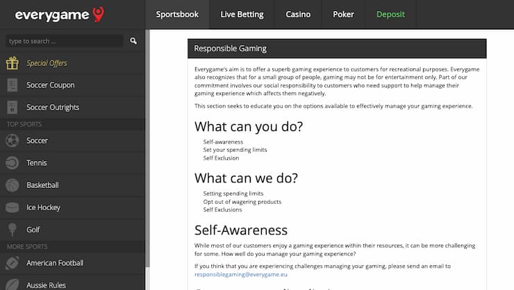 Responsible gambling options at Everygame, one of the most popular betting sites in West Virginia.